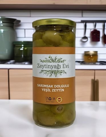 Yöresel Lezzetler Zeytinyağında Marine Edilmiş Sarımsak Dolgulu Yeşil Zeytin 450 Gram