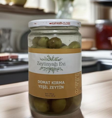 Yöresel Doğal Tatlandırma El Kırması Domat Sofralık Yeşil Zeytin İri Kalibre Cam Kavanoz 900 gram