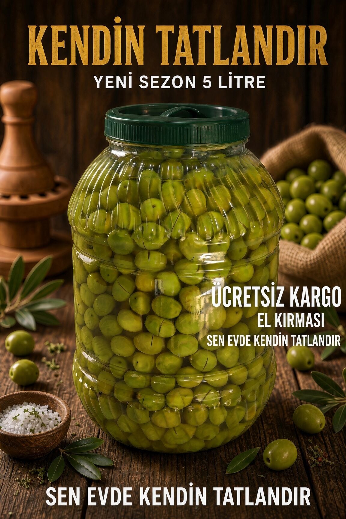 Yeni Hasat Kendin Tatlandır Baby Kırma Yeşil Zeytin 5 Litre Pet Ambalaj